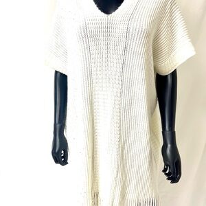 Cream Knit Fringe Poncho